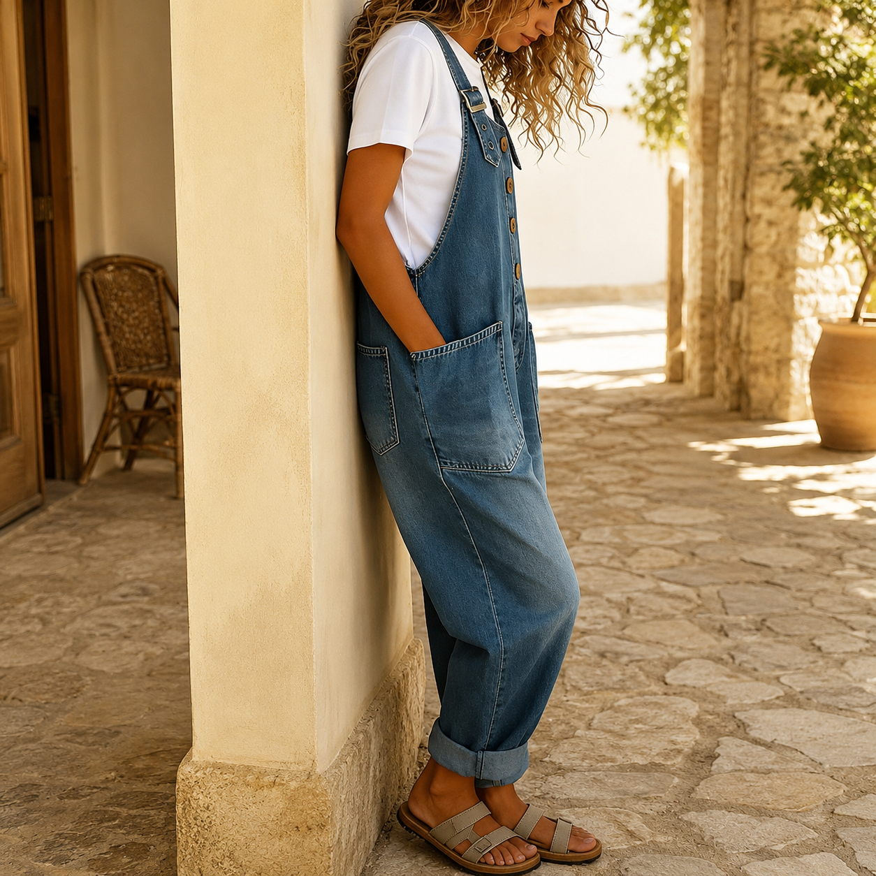 Relaxed denim overalls